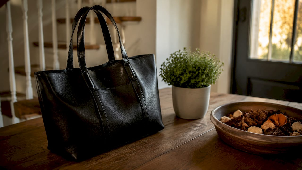 Η τσάντα από vegan δέρμα της Nolah σε πρώτο πλάνο, πάνω στον πάγκο.
