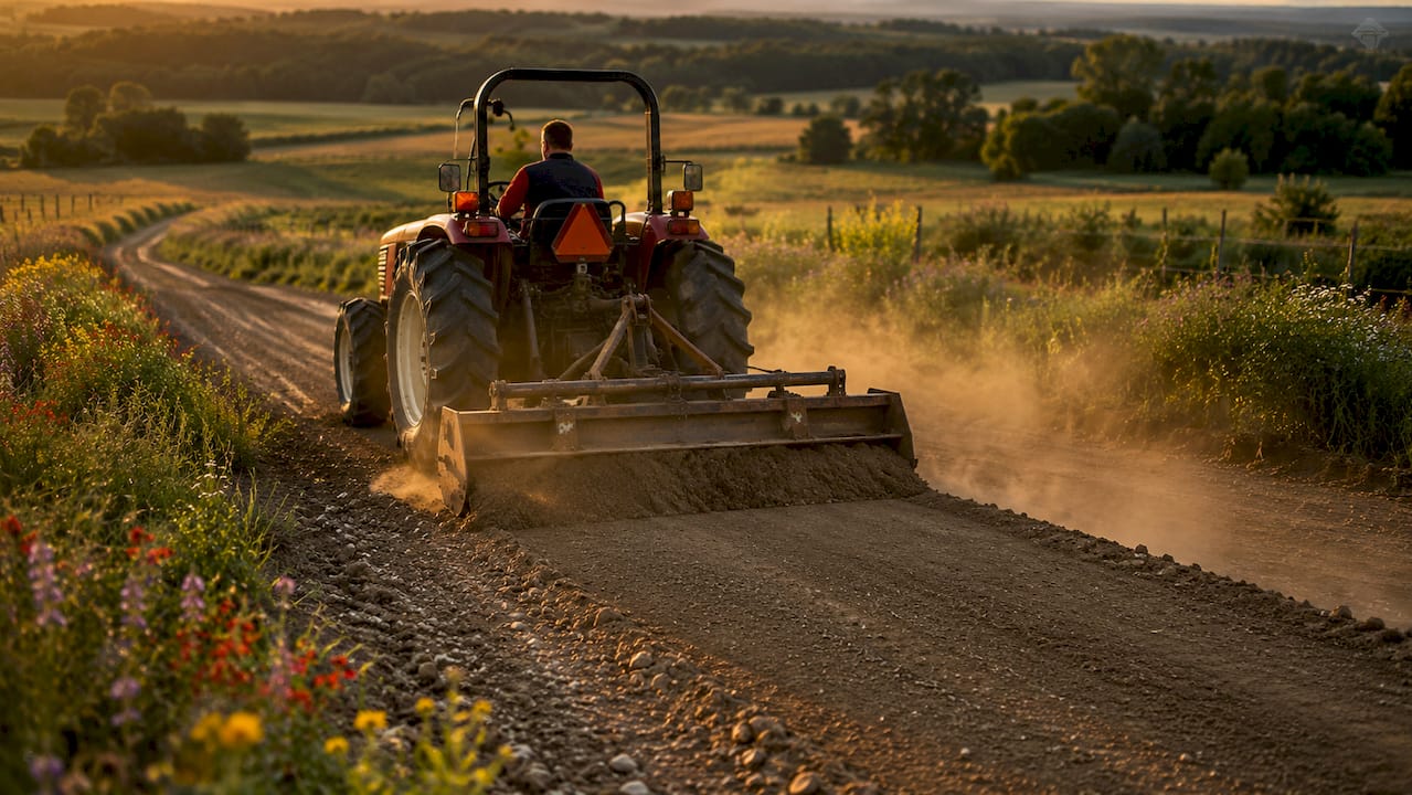 Tractor box blade grading gravel driveway