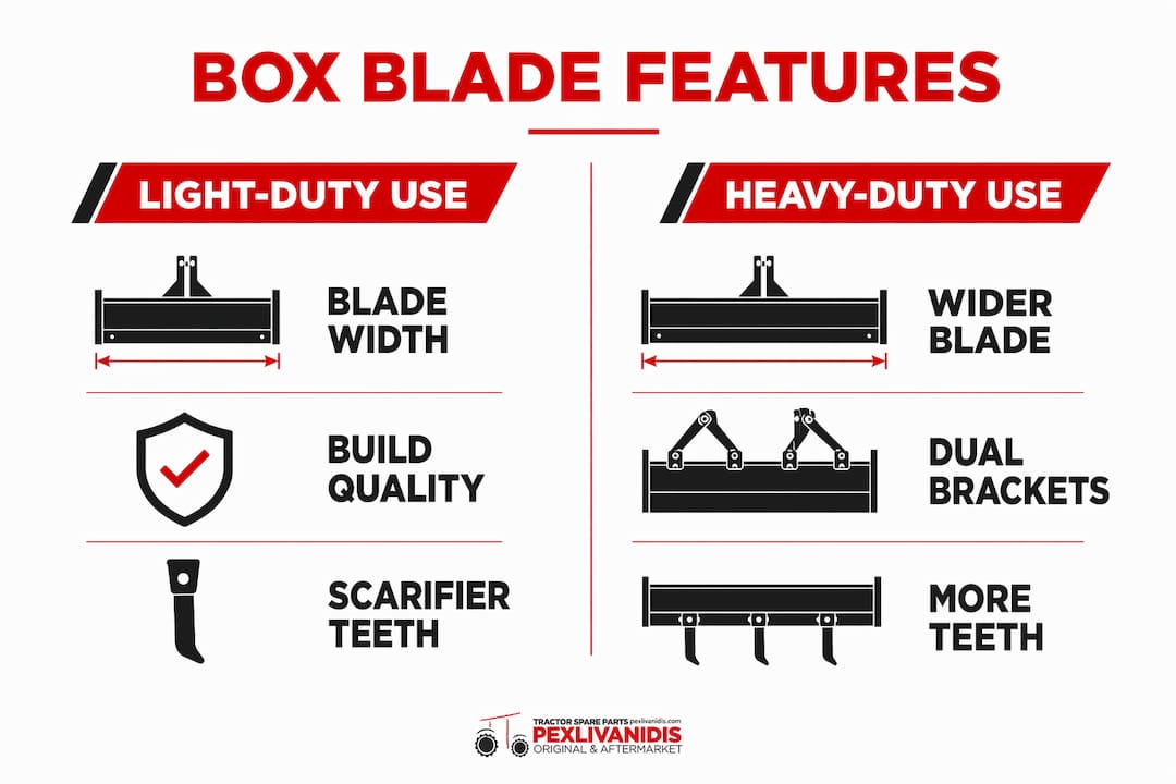 Infographic comparing box blade features for light and heavy use