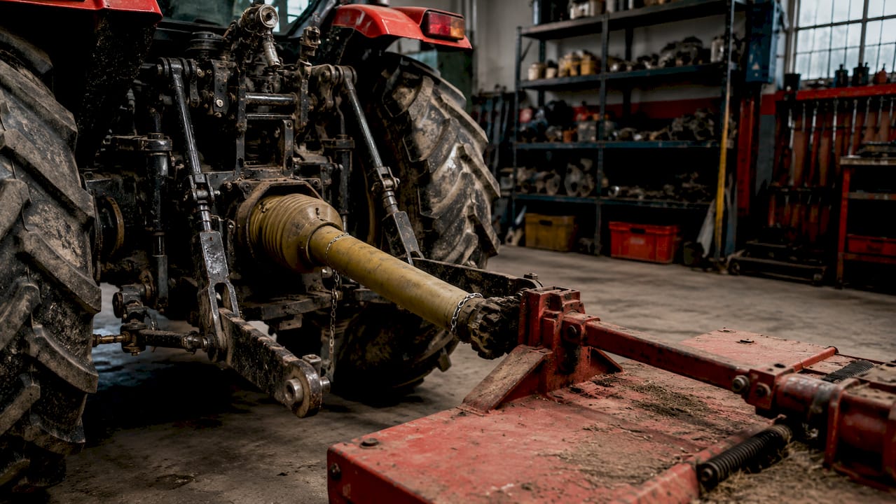 Close-up of live PTO power take-off connection on tractor