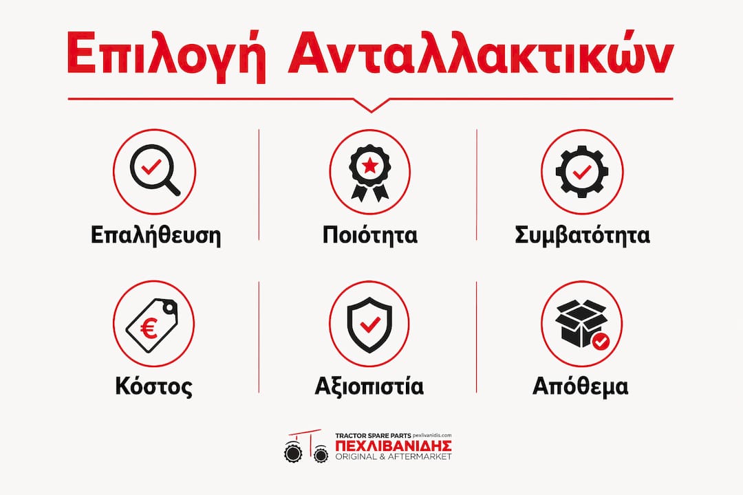Γραφικό με τα βασικά κριτήρια για την επιλογή ανταλλακτικών στον αγροτικό τομέα