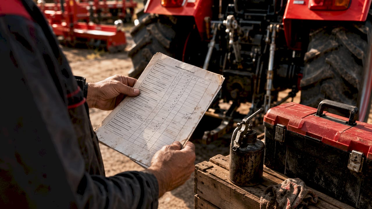 Hands holding maintenance checklist near combine harvester