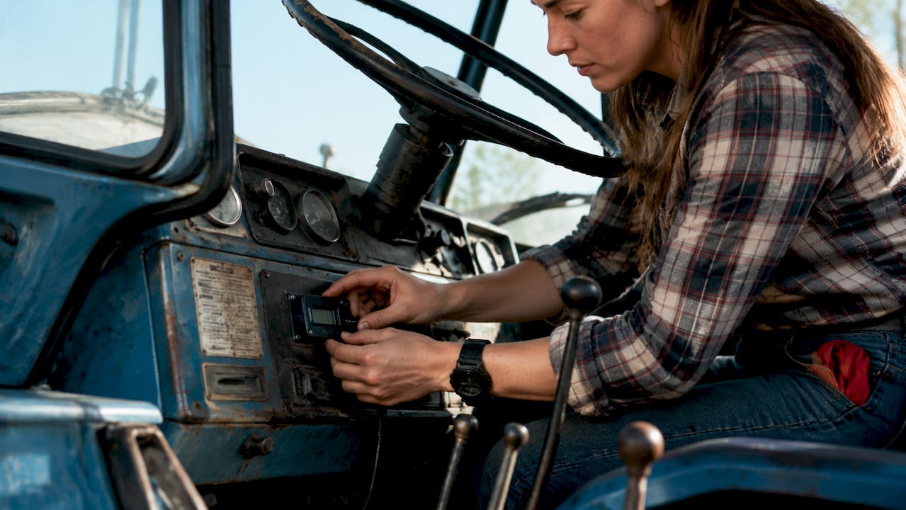 Hands installing hour meter on tractor dashboard
