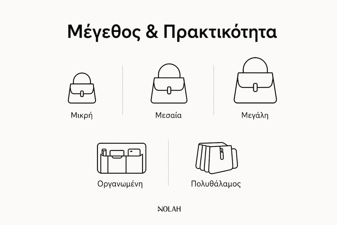Εικονογραφημένος οδηγός για το πώς να διαλέξεις το κατάλληλο μέγεθος και την πρακτικότητα της τσάντας σου, με απλά και κατανοητά βήματα.