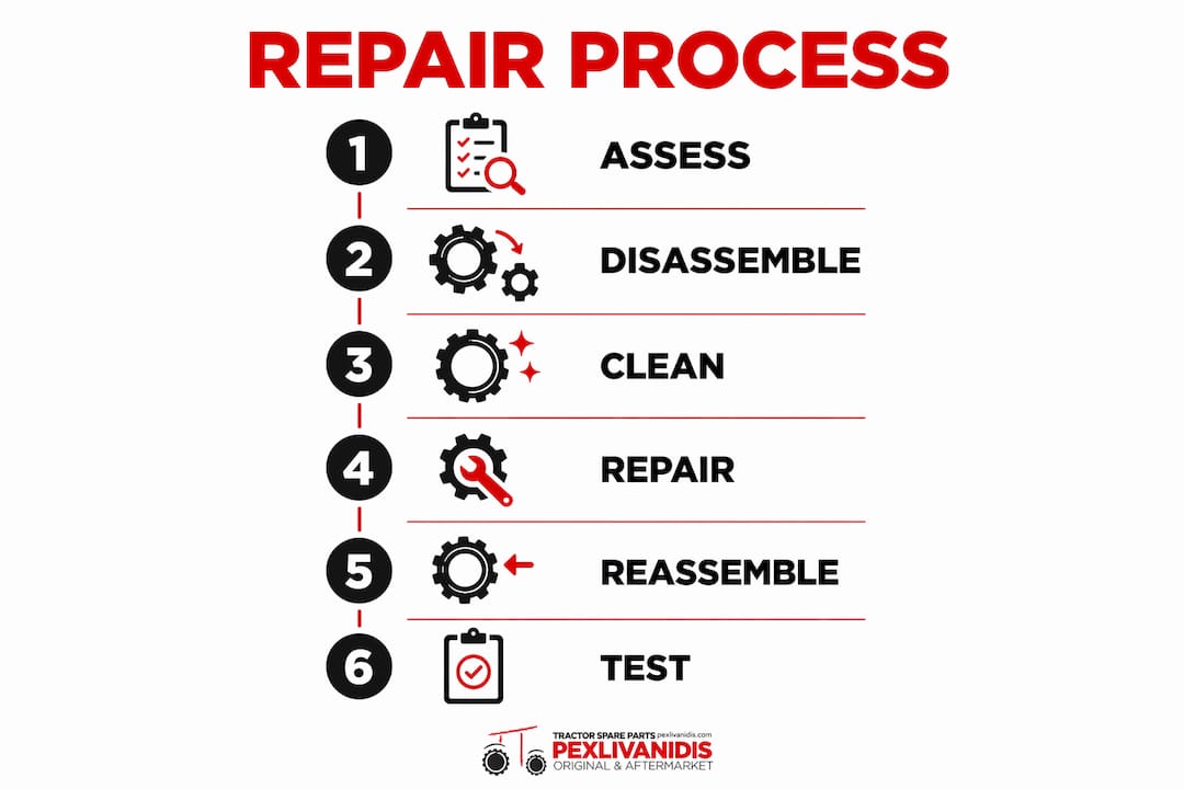 Infographic showing six-step machinery repair process