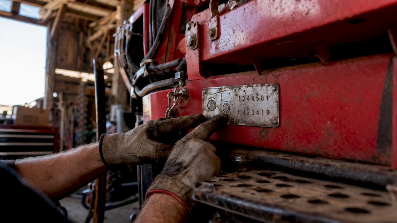 Hands pointing at tractor chassis serial number plate