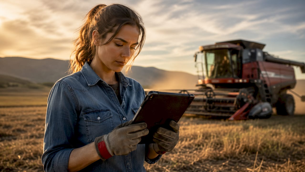 Close-up of farmer using telematics tablet