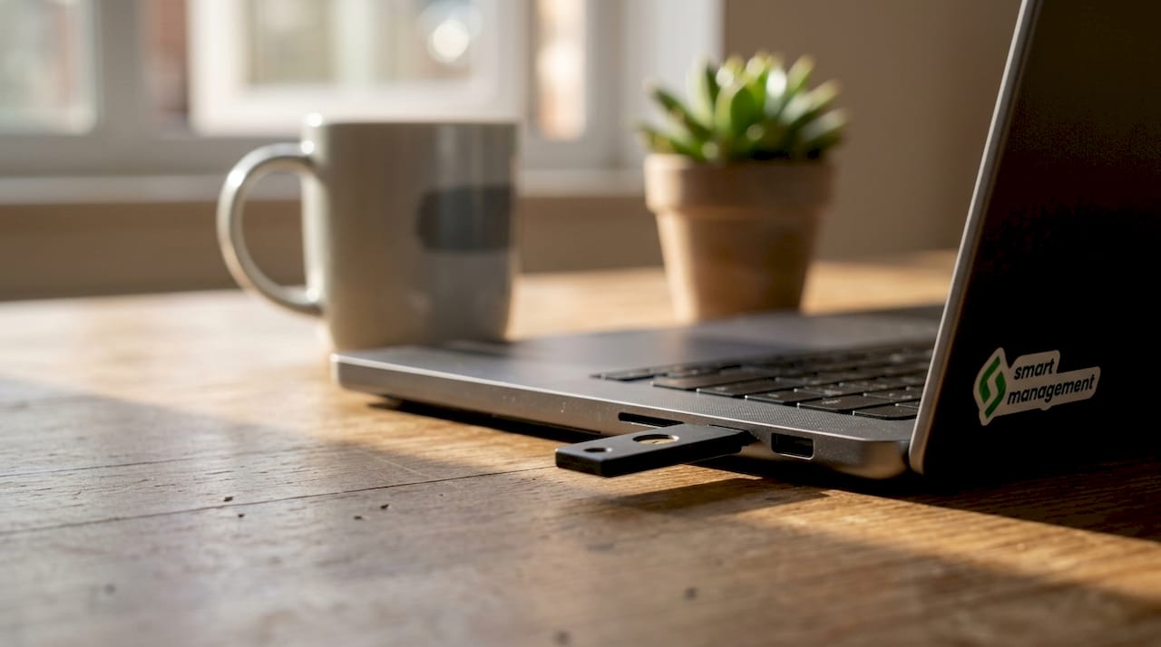 Το YubiKey είναι συνδεδεμένο στη θύρα USB του laptop.