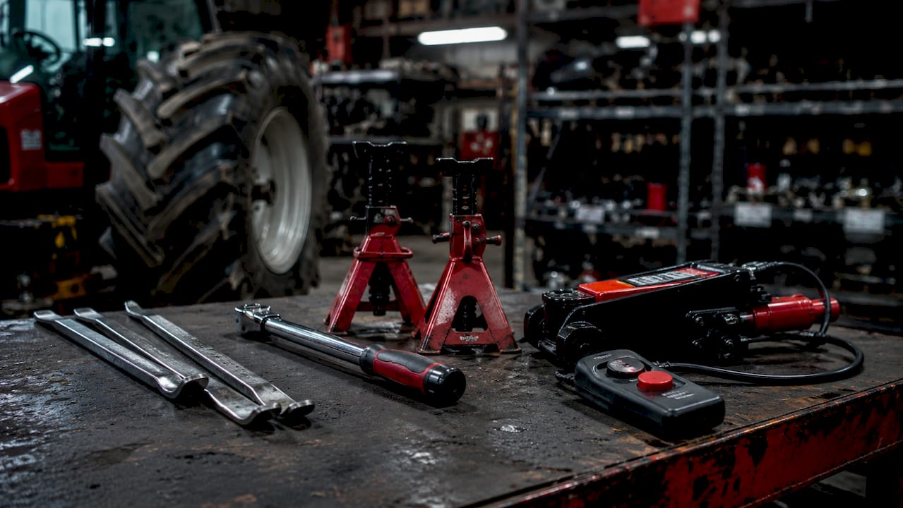 Close-up of tractor tire replacement tools