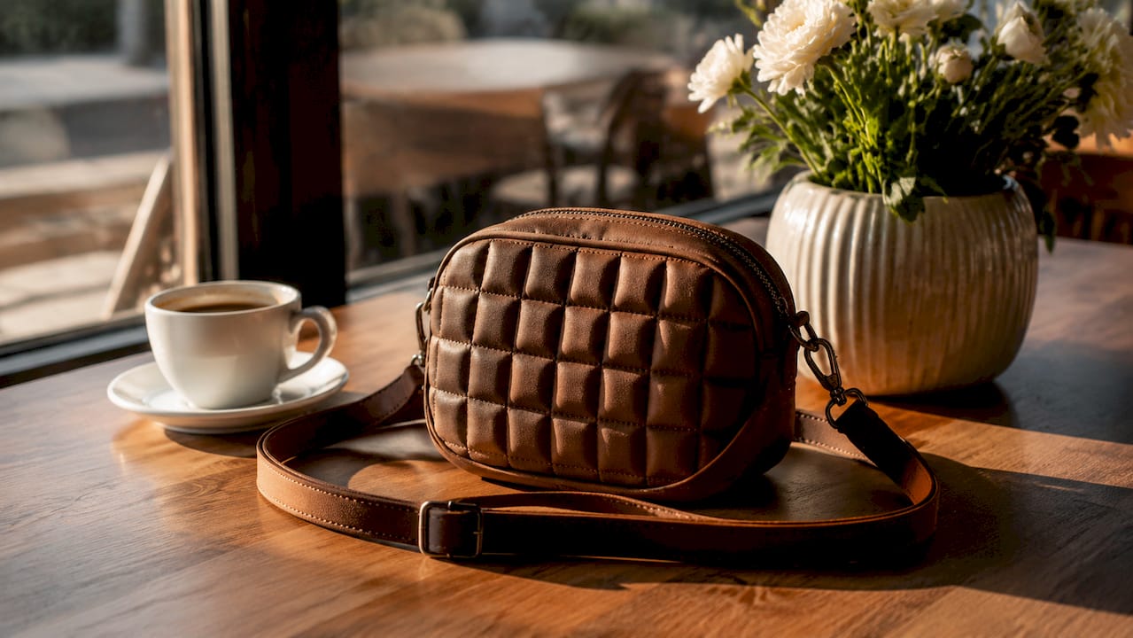 Η αγαπημένη μας μικρή crossbody τσάντα της Nolah, τοποθετημένη πάνω σε ένα ξύλινο τραπέζι.