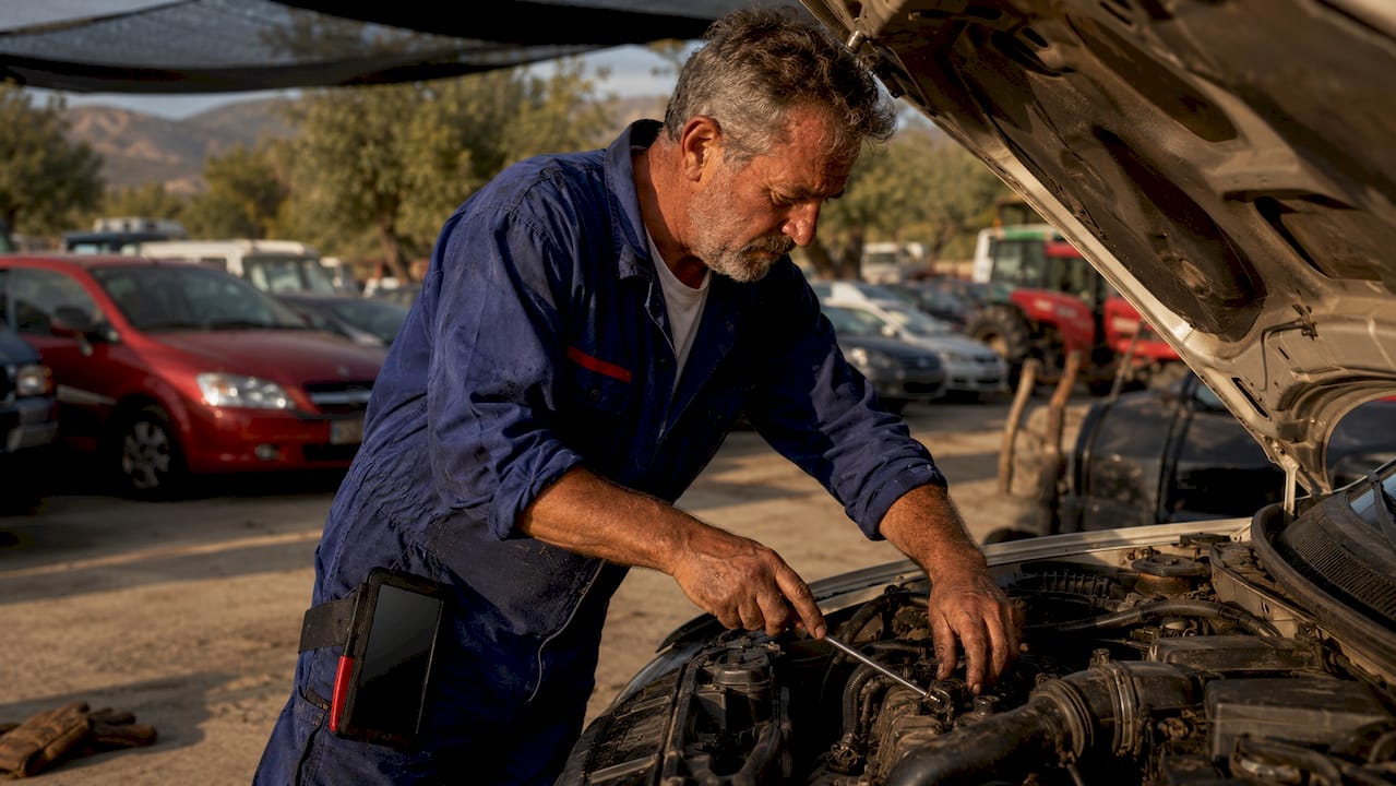 Mechanic inspecting used car engine in Greece