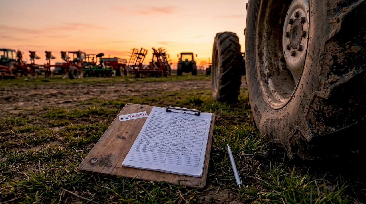 Maintenance records on clipboard near tractor outdoors