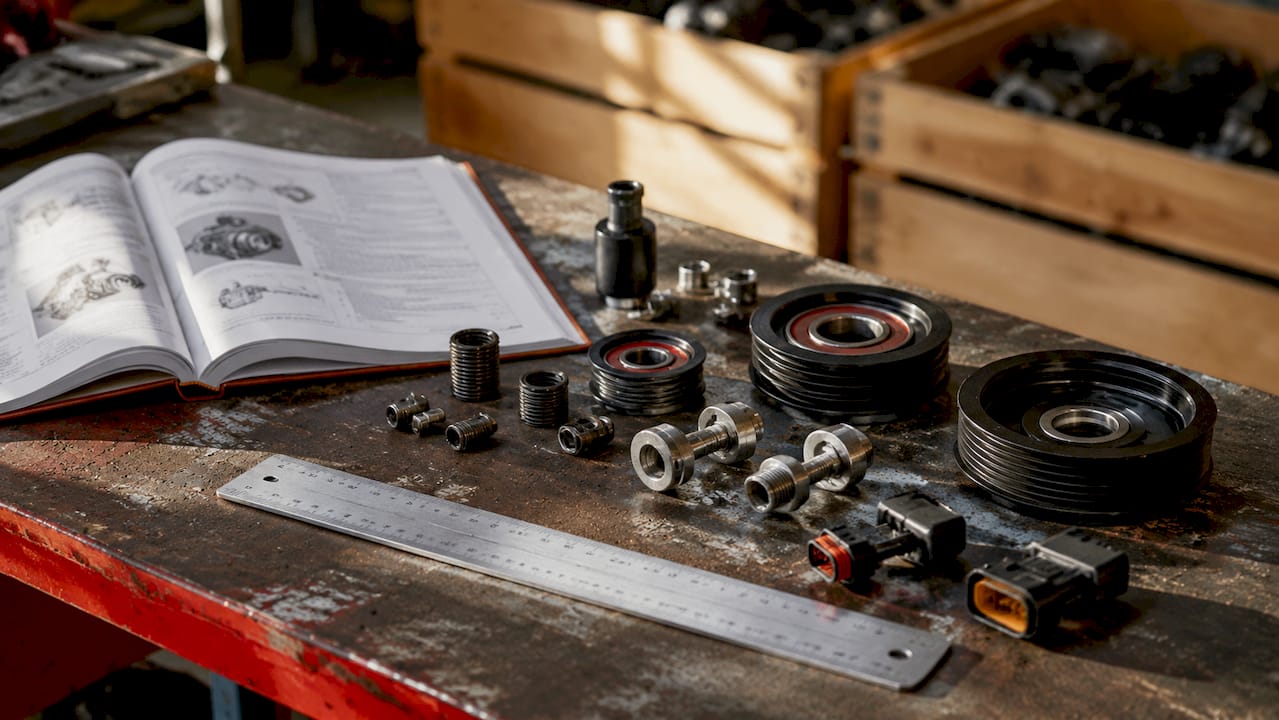 Spare parts and tools on mechanical workshop bench