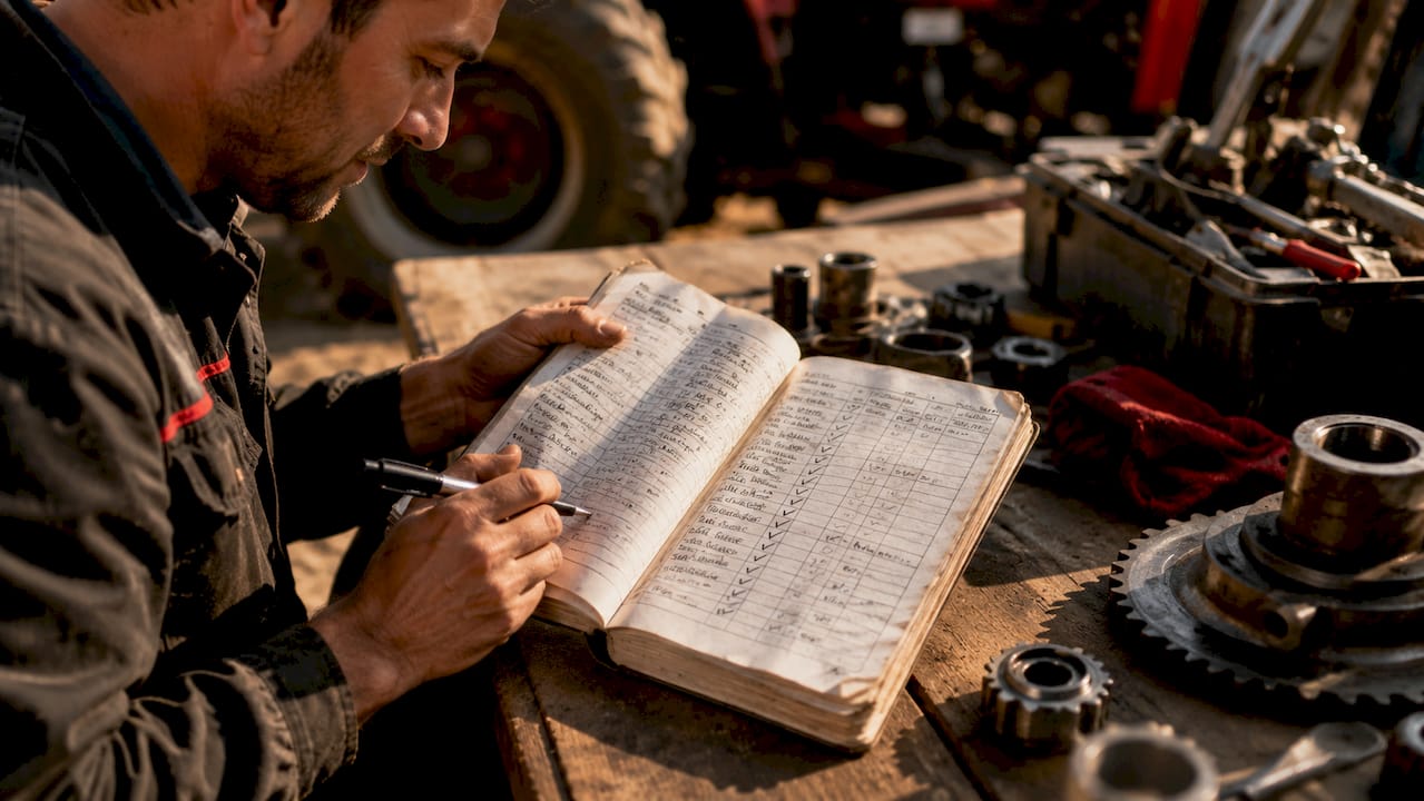 Hands checking machinery maintenance log