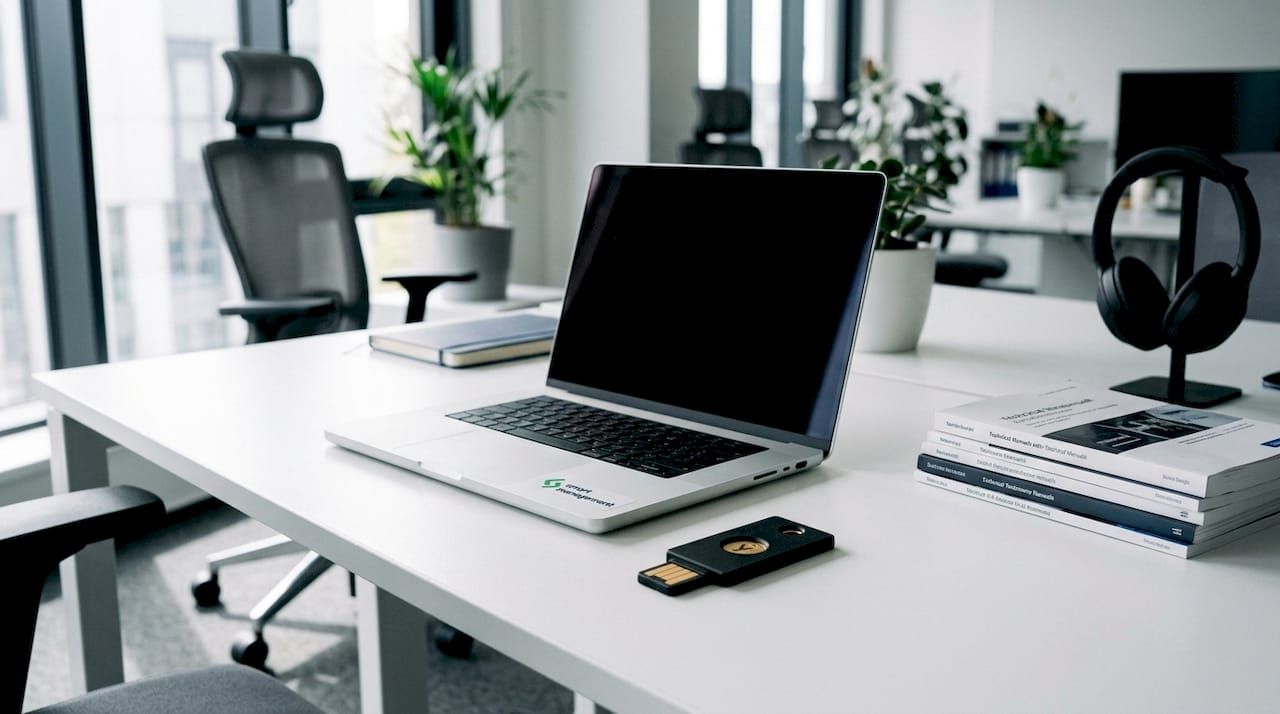 Поглед отблизо към YubiKey и смартфон, поставени на бюро у дома