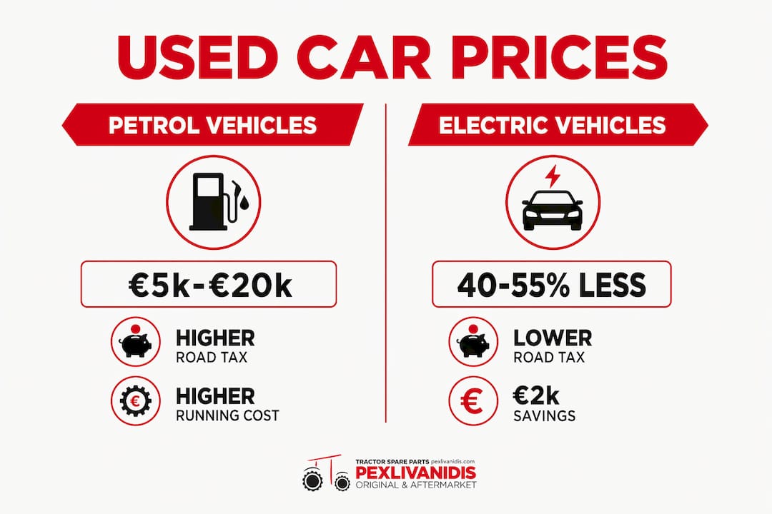 Infographic comparing petrol and electric used car prices Greece