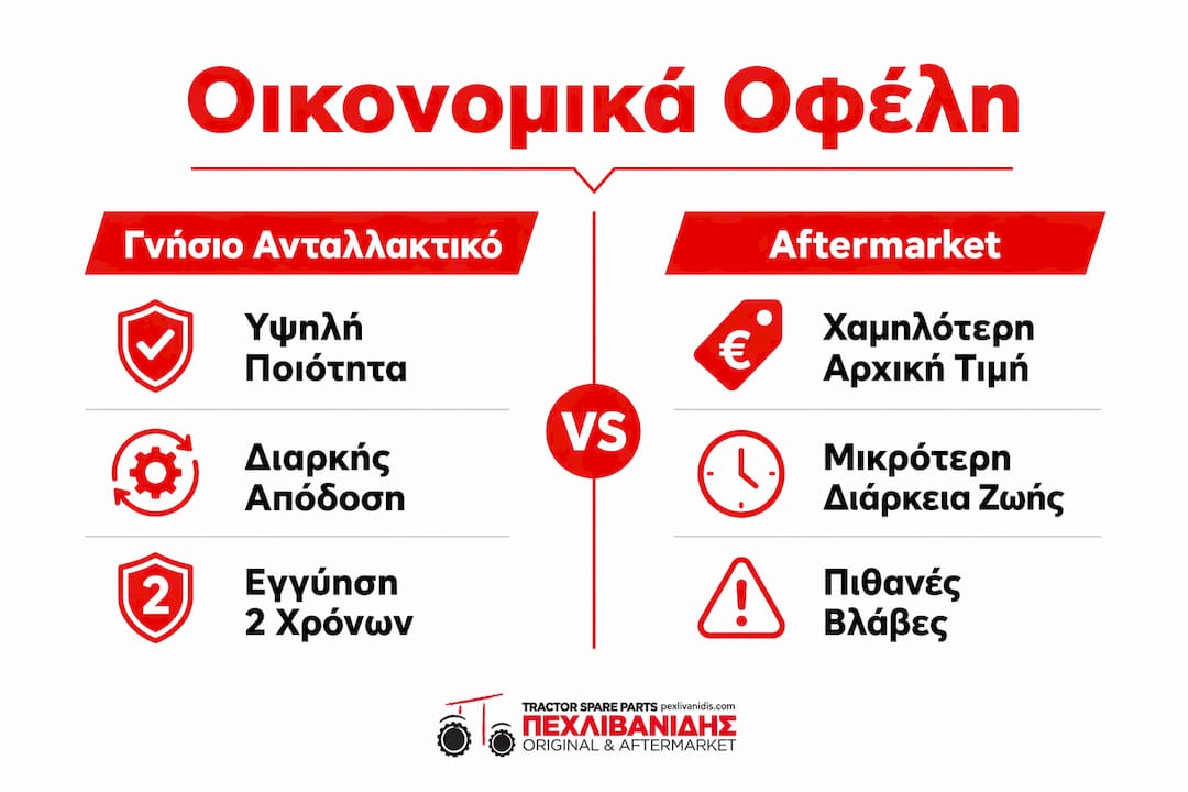 Διαδραστικό γράφημα που αναδεικνύει τις οικονομικές διαφορές μεταξύ αυθεντικών και εναλλακτικών ανταλλακτικών για τρακτέρ, ώστε να βοηθήσει τους αγρότες να κάνουν πιο συμφέρουσες επιλογές για τη συντήρηση του εξοπλισμού τους.