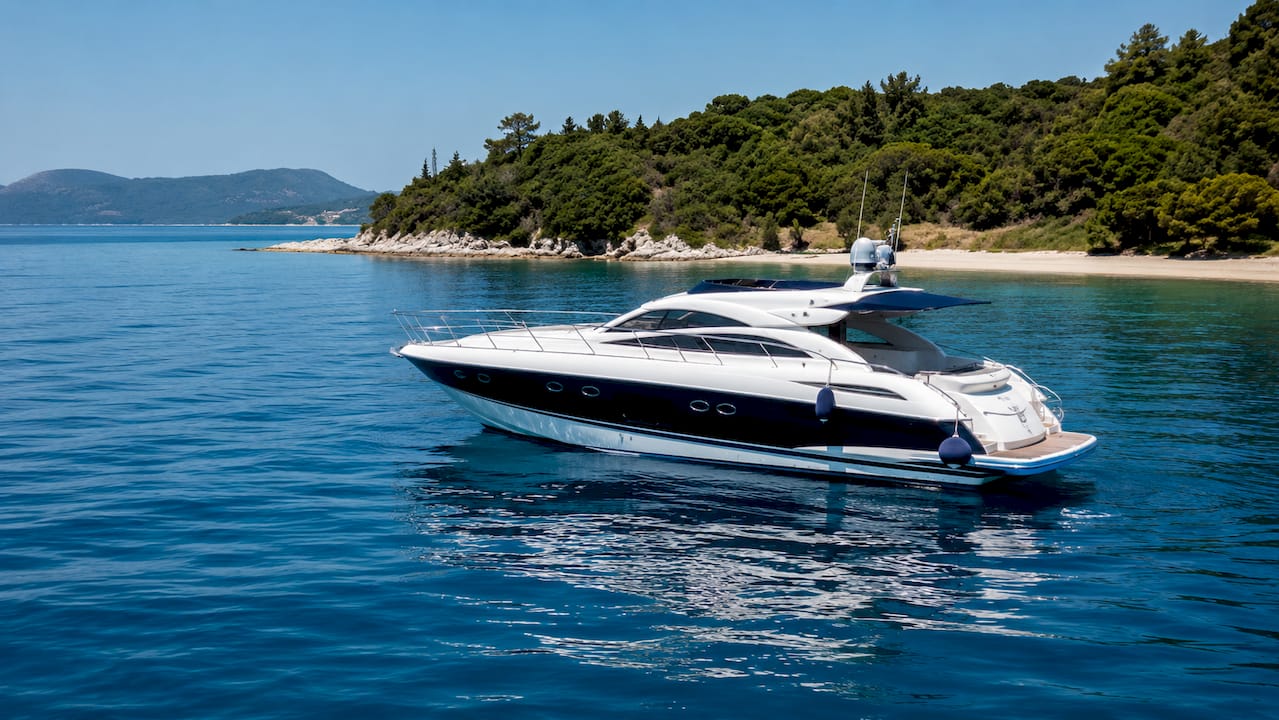 Motor yacht sailing calm Ionian Sea waters