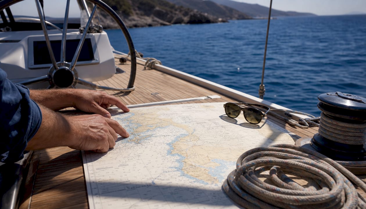 Hands with nautical chart on yacht deck