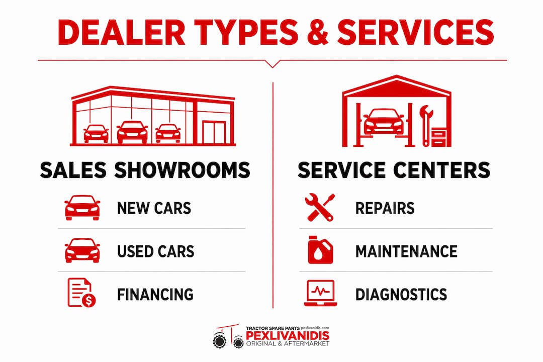 Infographic comparing Volvo dealer types and services in Greece