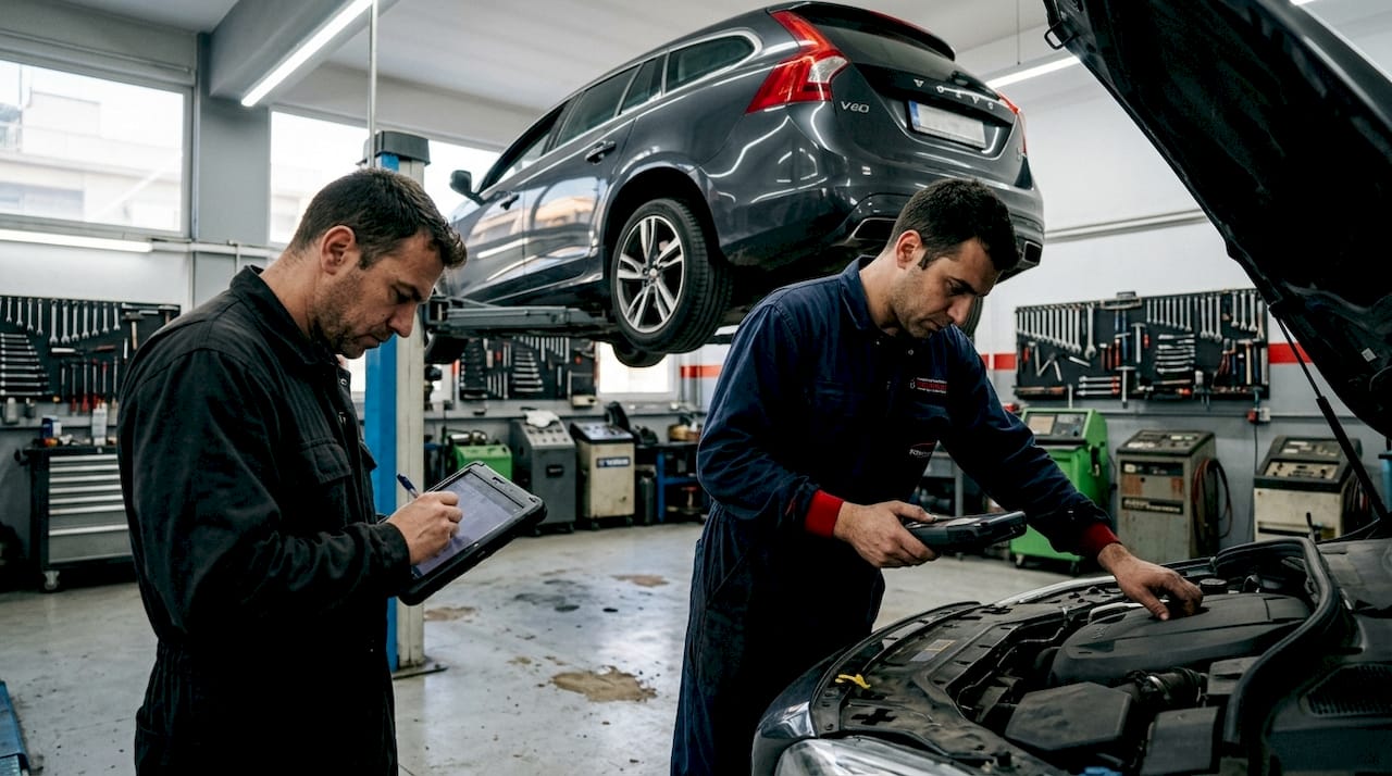 Volvo mechanics servicing vehicle in Greece