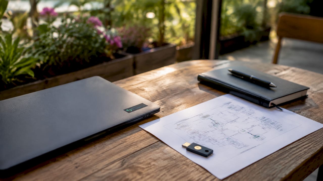 Στο γραφείο, ένας YubiKey και ένα τεχνικό σχεδιάγραμμα απλωμένα, έτοιμα για μελέτη και συζήτηση.