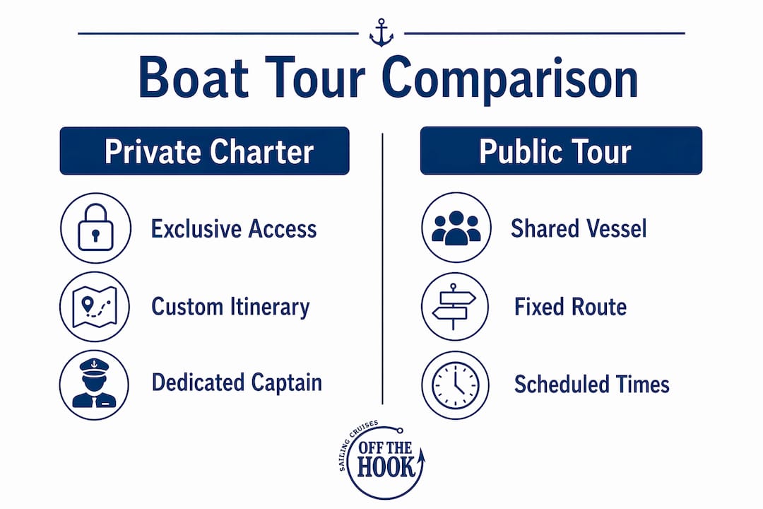 Infographic comparing private charters and public boat tours