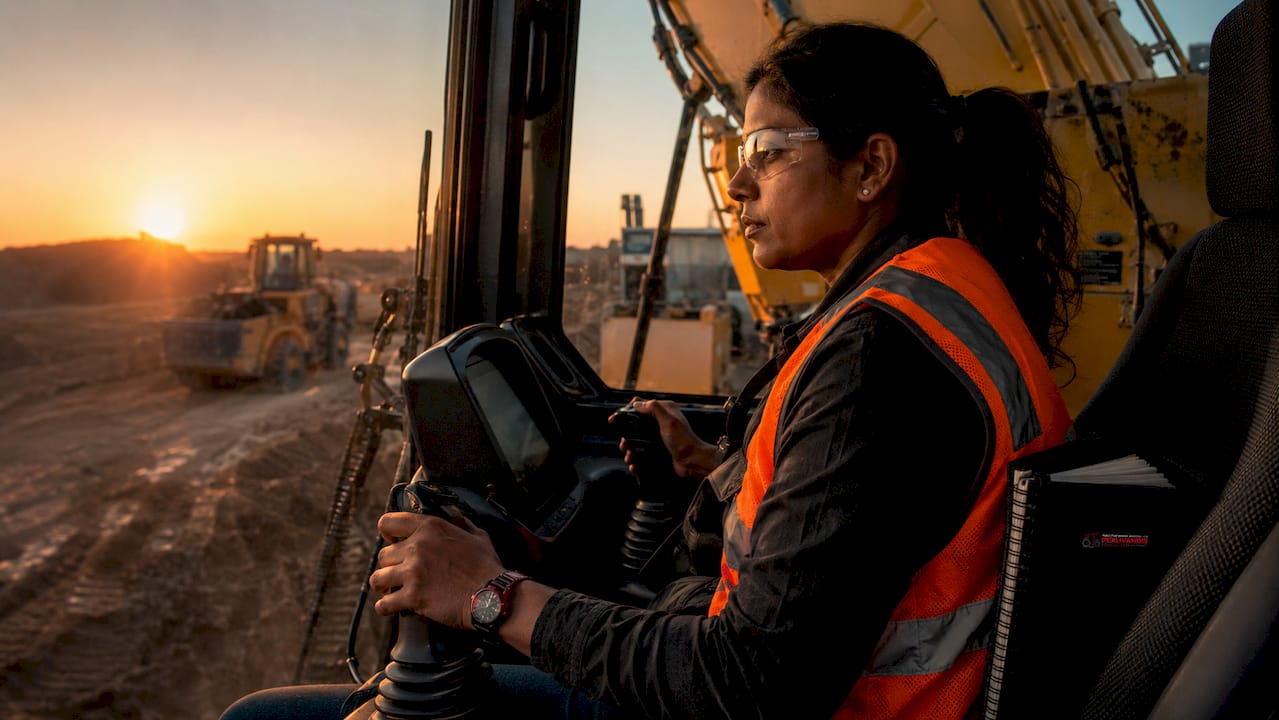 Operator using AI-assisted controls inside Komatsu excavator