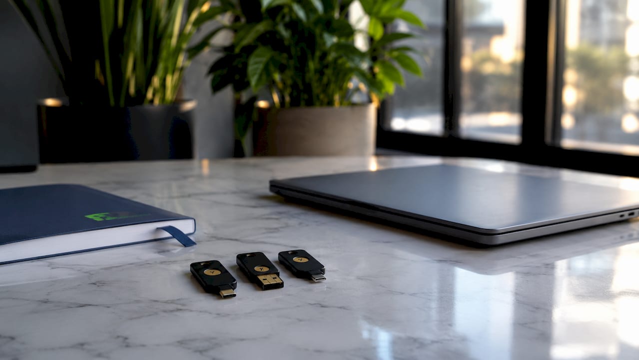 Τρία YubiKey ακουμπισμένα σε ένα τεχνικό γραφείο, δίπλα σε έναν υπολογιστή με ανοιχτό τερματικό.