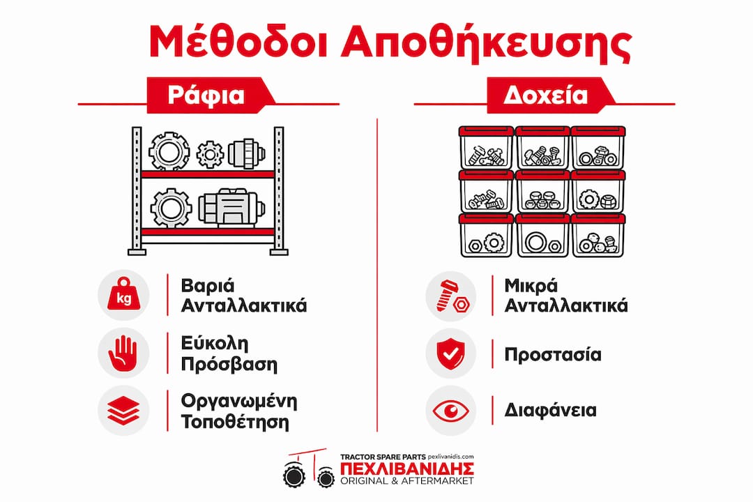 Εικονογράφηση που παρουσιάζει τα πλεονεκτήματα και τα μειονεκτήματα της αποθήκευσης σε ράφια σε σύγκριση με τη χρήση δοχείων/κιβωτίων