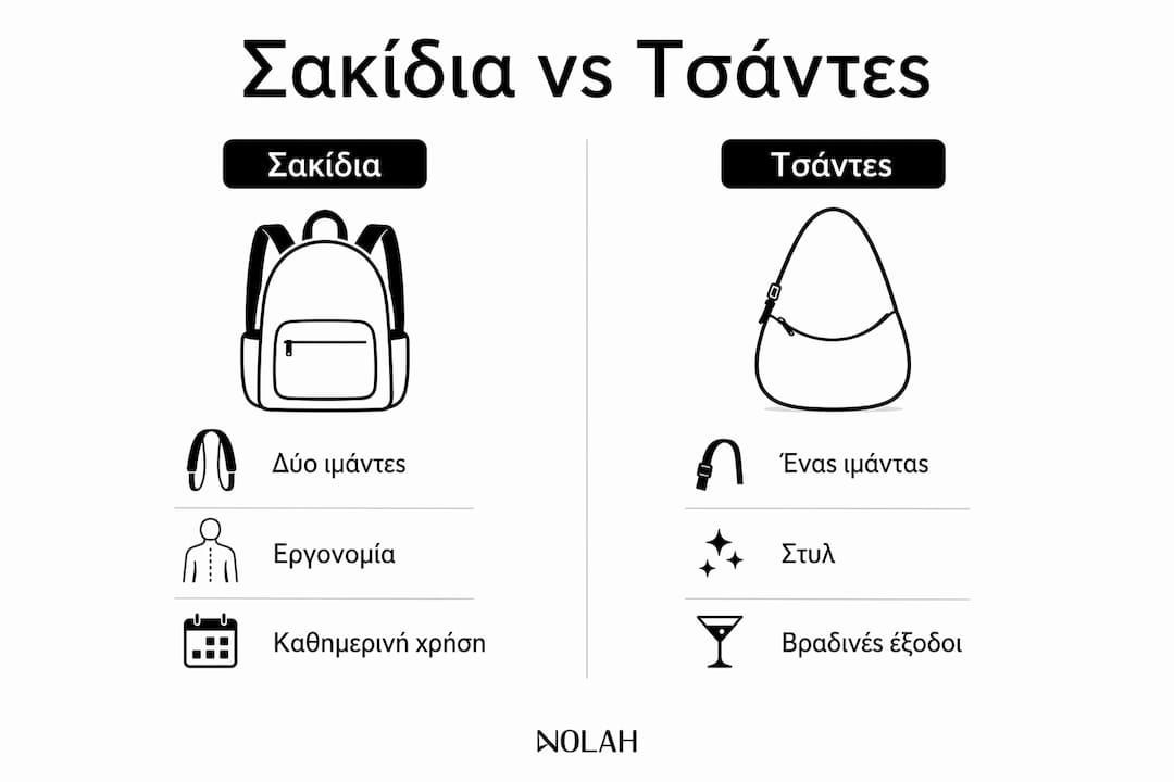 Διαδραστικό γράφημα που παρουσιάζει τα βασικά πλεονεκτήματα και διαφορές ανάμεσα σε σακίδια και τσάντες.