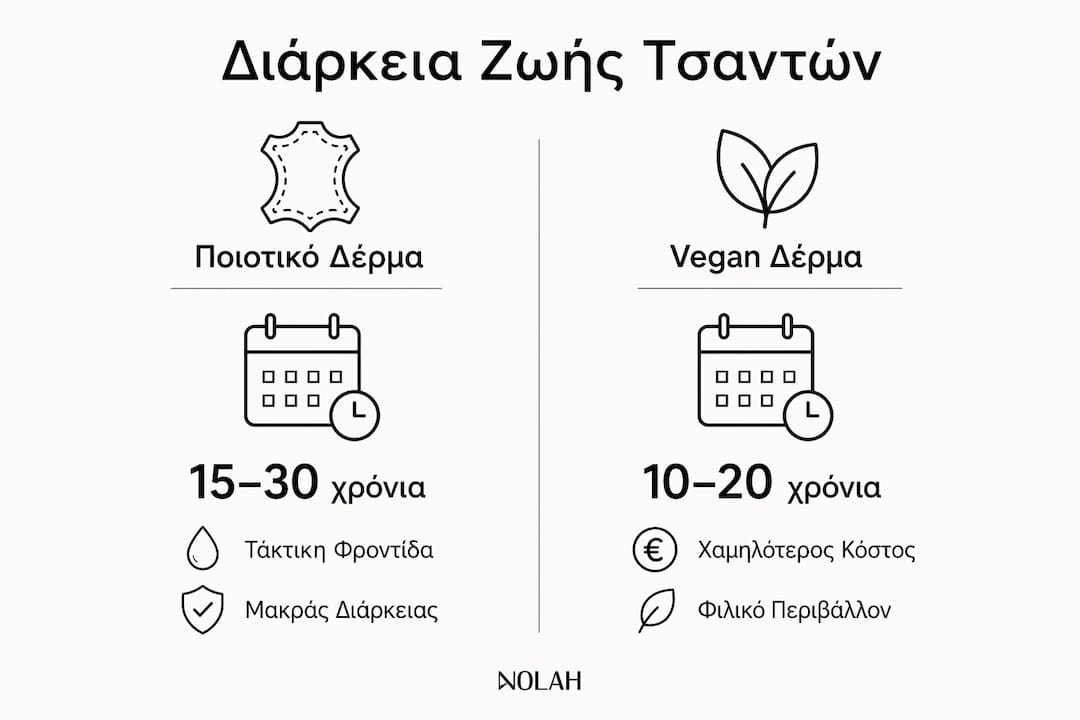 Γραφικό που παρουσιάζει τη διαφορά στη διάρκεια ζωής ανάμεσα σε δερμάτινες τσάντες υψηλής ποιότητας και vegan επιλογές.