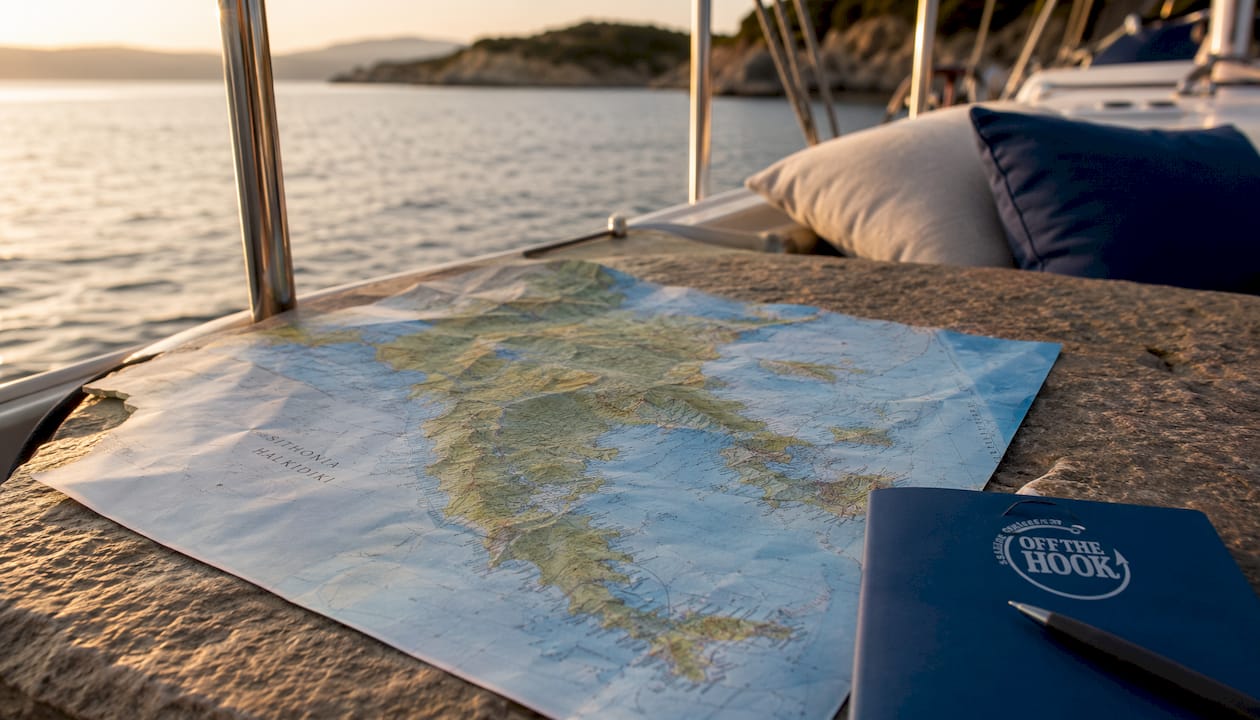 Physical Sithonia map laid out on yacht deck table