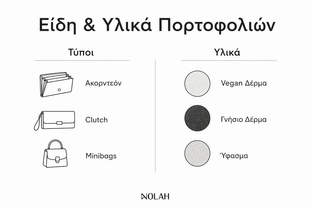 Ενημερωτικό γράφημα με σύγκριση διαφορετικών ειδών πορτοφολιών και των υλικών κατασκευής τους