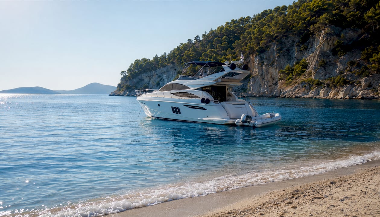 Yacht anchored near lush rocky coastline at dusk