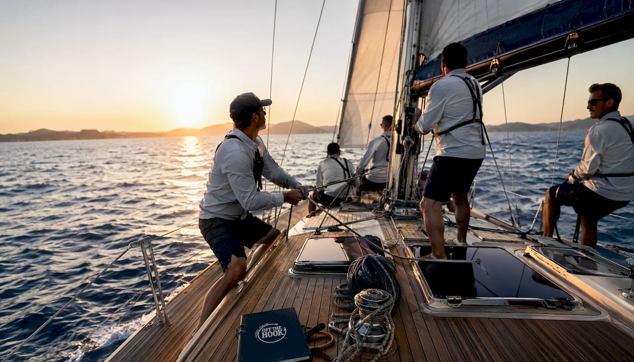 Crew adjusting sails on yacht at sea