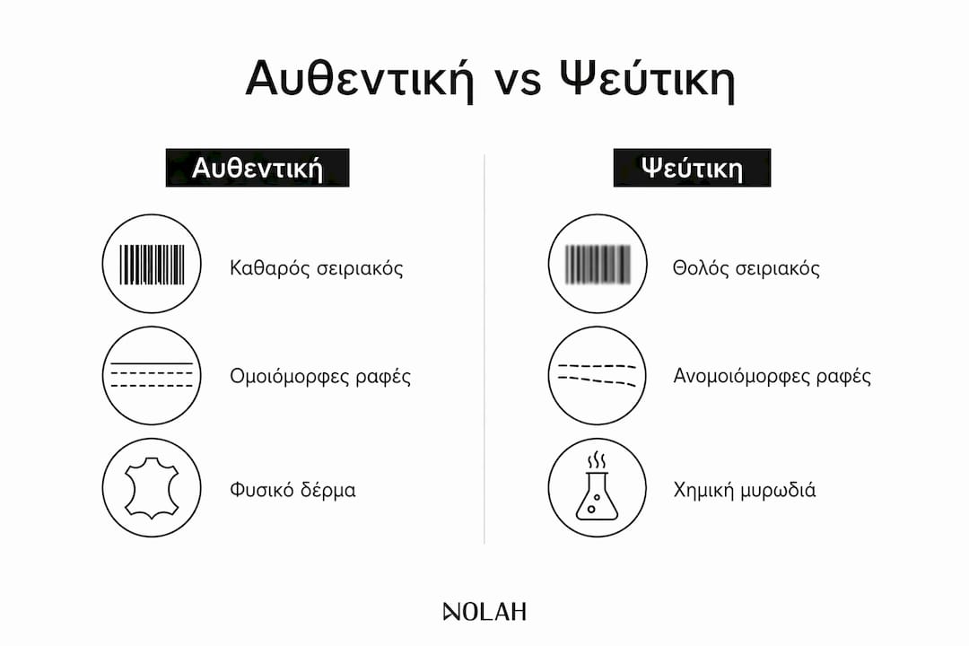 Γραφικό με συγκριτικά χαρακτηριστικά γνήσιας και απομίμησης τσάντας