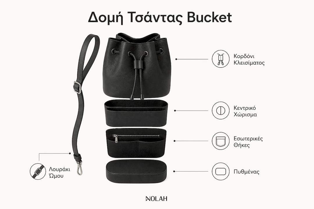 Εικονογραφημένη παρουσίαση με ανάλυση της δομής μιας bucket τσάντας