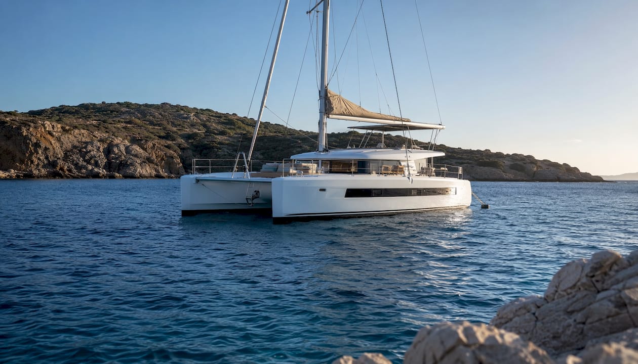 Catamaran yacht anchored near Greek island