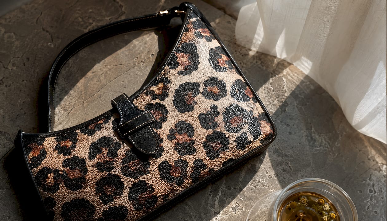 Λεπτομέρεια από την υφή της eco-leather τσάντας Nolah με animal print λεοπάρ.