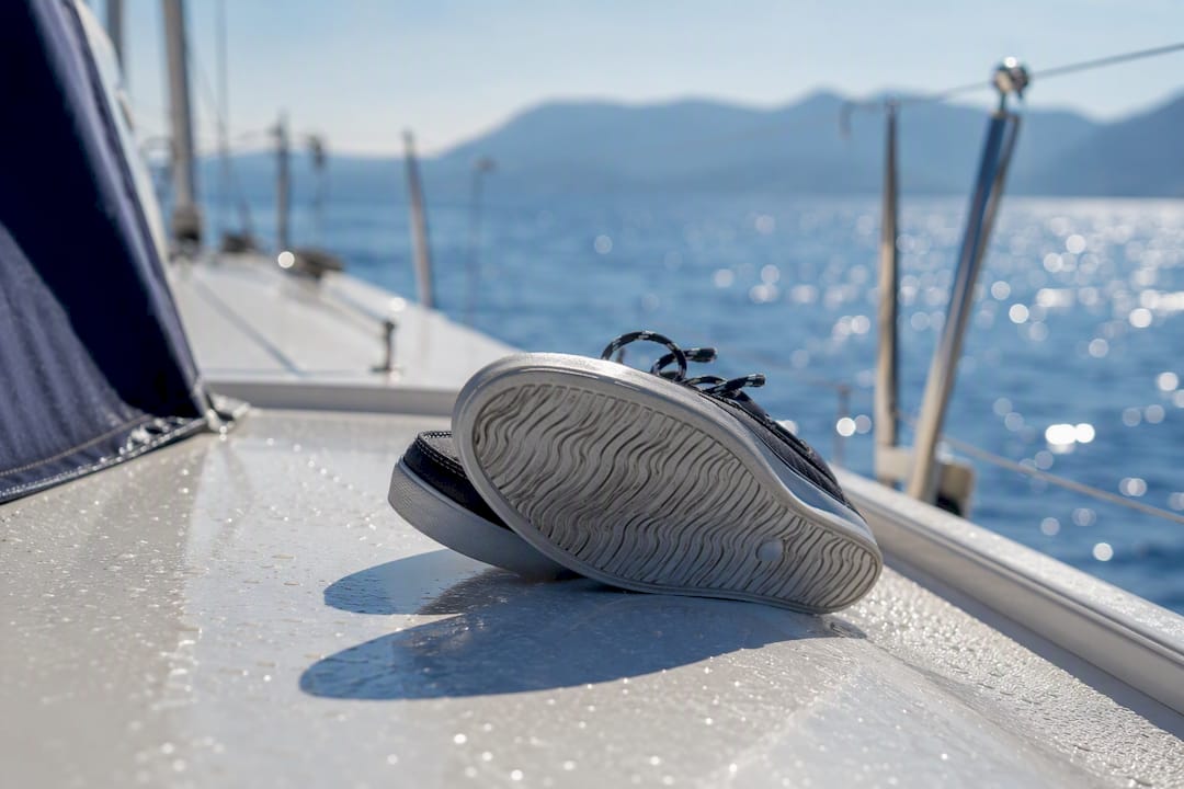 Non-marking sailing deck shoes on wet yacht deck