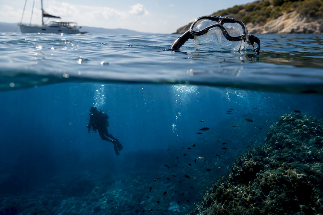 Split view surface snorkeling and underwater scuba diver
