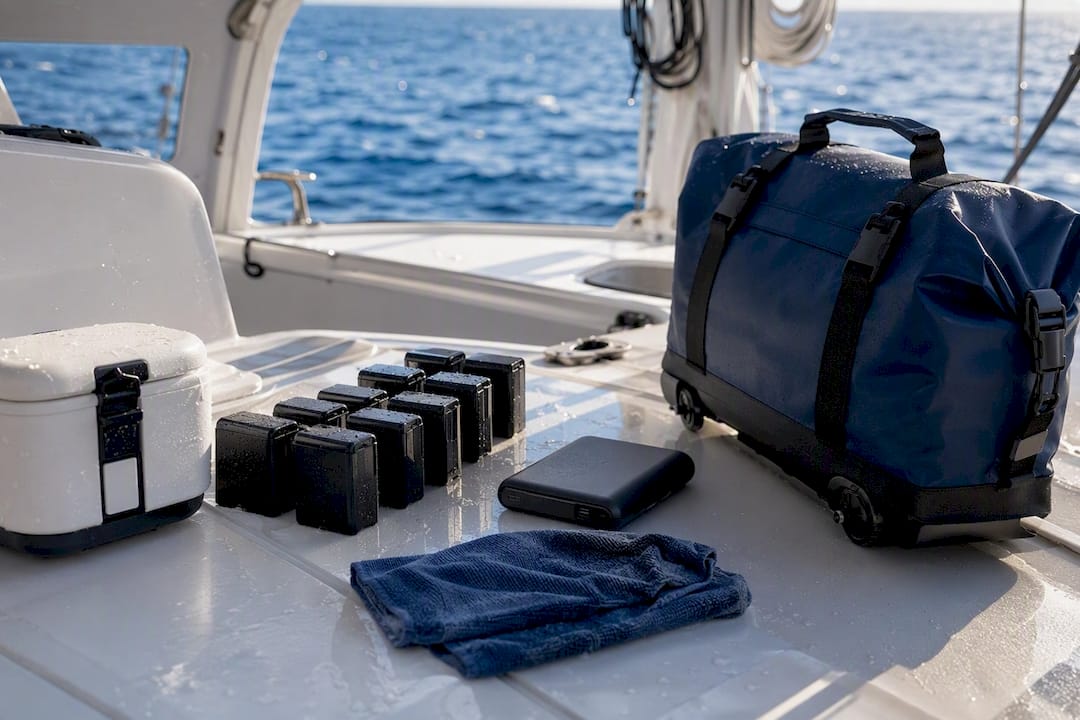 Camera batteries and power bank on yacht deck