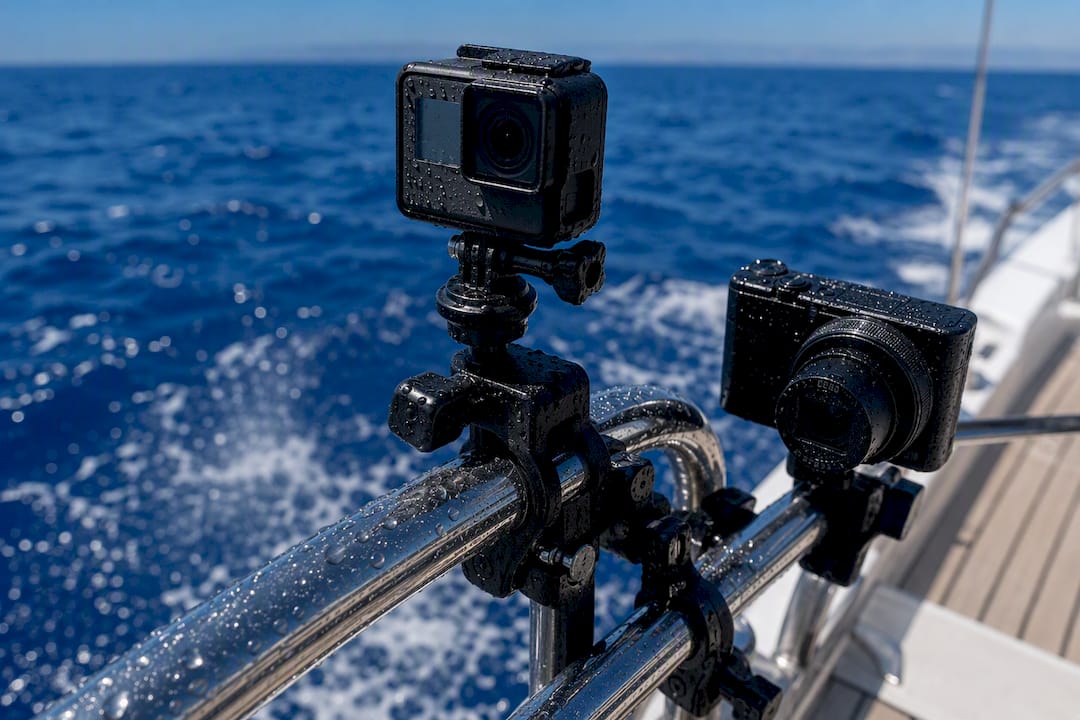 Camera mounts with spray on sailing yacht railing