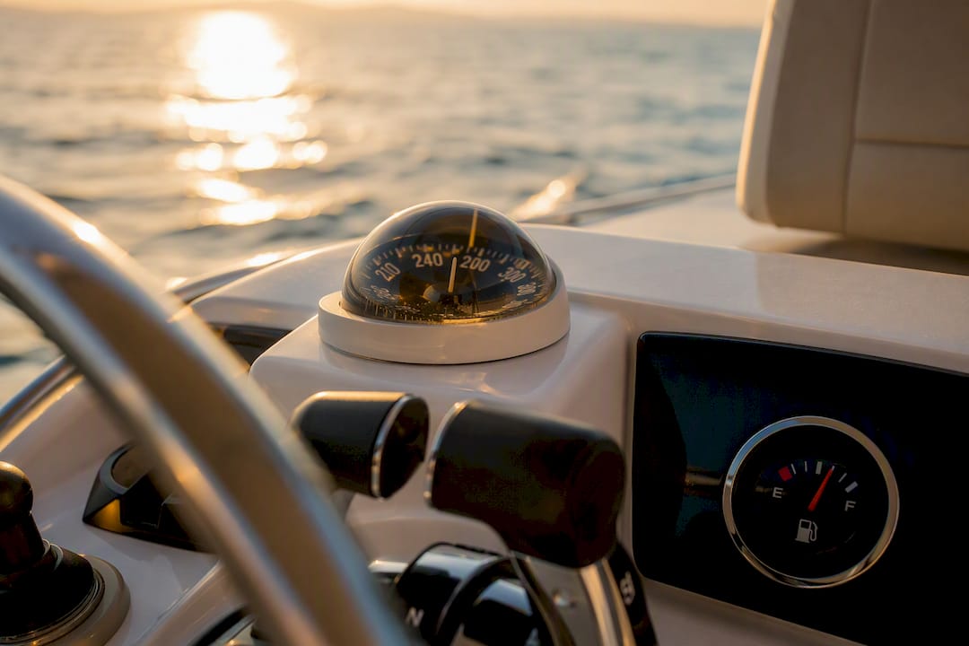 Yacht helm with navigational instruments and fuel gauge