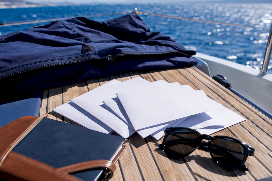 Prepared tip envelopes on yacht deck table