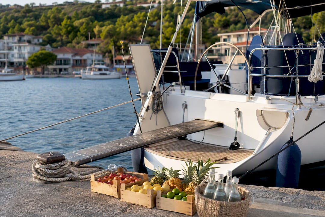 Yacht moored at marina with provisions