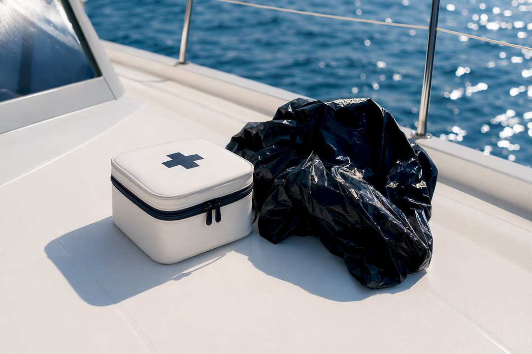 First aid kit and trash bag on yacht deck