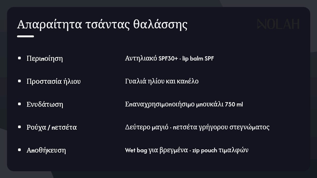 Διάγραμμα με τα απαραίτητα της τσάντας παραλίας, ομαδοποιημένα ανά κατηγορία