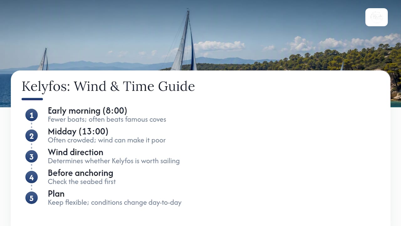 Diagram of wind direction and timing impacting sailing at Kelyfos